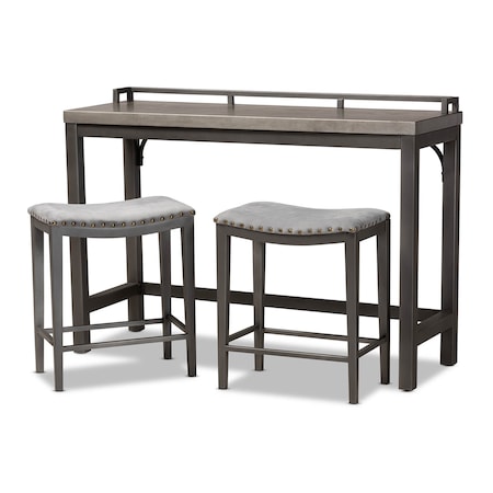 Baxton Studio Noll Grey Upholstered 3-Piece Multipurpose Metal Counter Table Set 159-9843